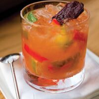 mezcal, fresh lemon juice, agave nectar, ginger syrup, chipotle in adobe fresh lime, red bell pepper,
garnish: beef jerky